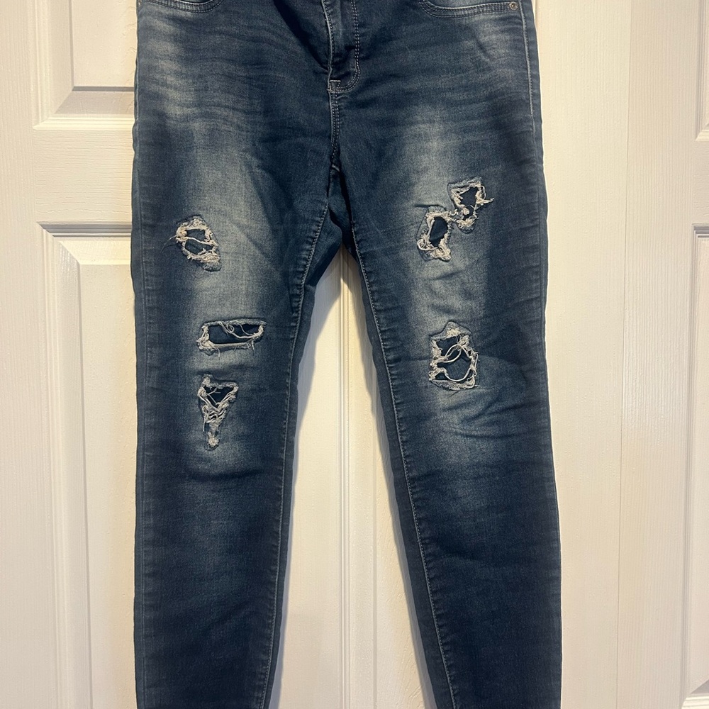 Maurices Blue Skinny Jeans with Distressed Details